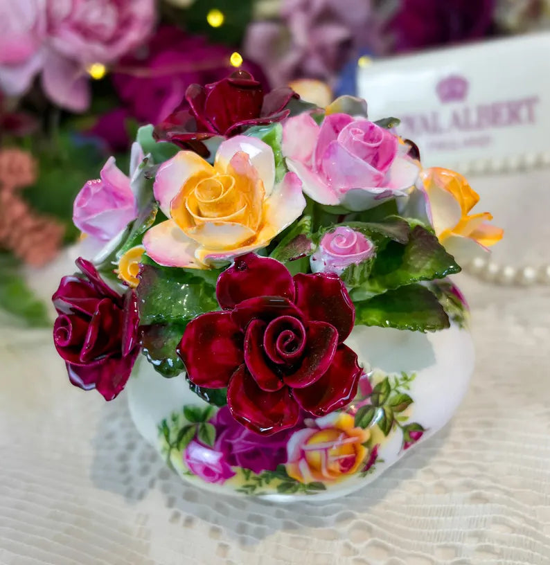 Extra Large Vintage Royal Albert "Old Country Rose" Floral Arrangement Figurine – Mint Condition, English Bone China