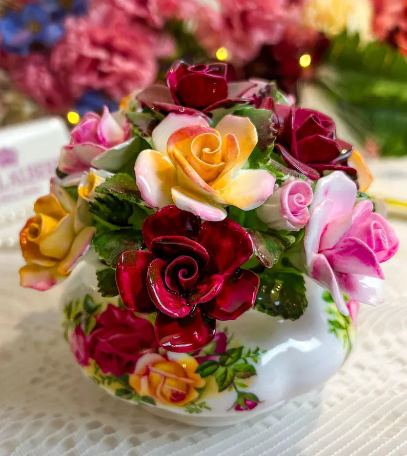Extra Large Vintage Royal Albert "Old Country Rose" Floral Arrangement Figurine – Mint Condition, English Bone China